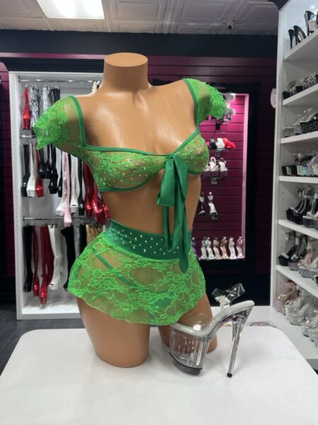Green Crystal Lace Skirt Set with tie-front top and sheer mini skirt