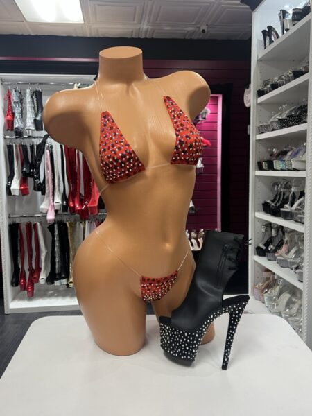 Red Crystal Leopard Bikini with clear straps and sparkling embellishments