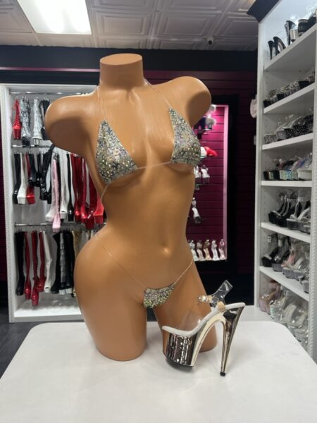 Dirty Gold Crystal Bikini with crystal triangle top and clear straps
