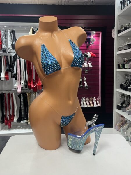 Teal Scale Crystal Bikini with clear straps and sparkling crystal details