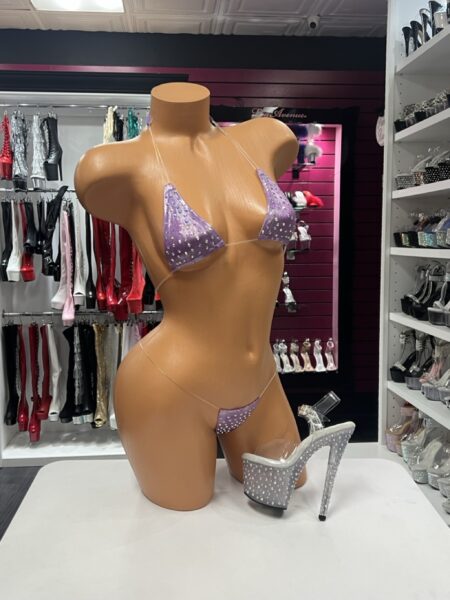 Purple Crystal Micro Bikini with sparkling crystal panels and clear transparent straps