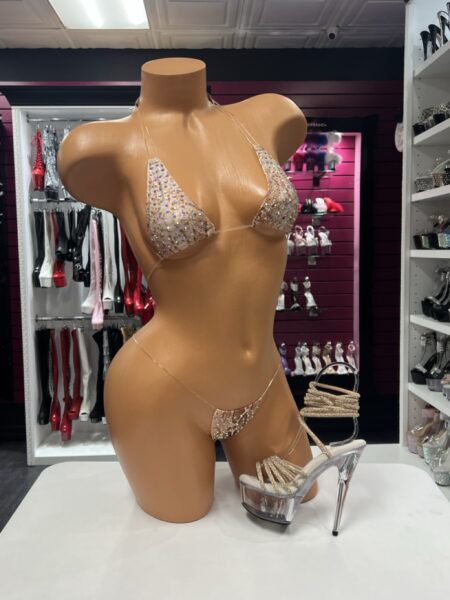 Nude Snake Crystal Bikini with sparkling crystals, snake print panels, and clear straps