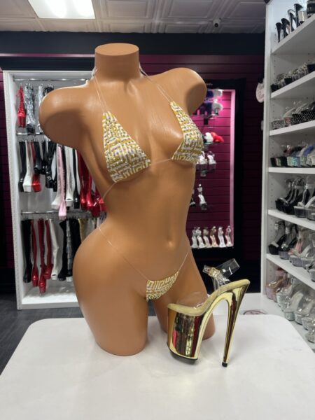 Gold Geometric Crystal Bikini with clear straps and sparkling gold white patterned panels