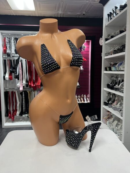 Black Crystal Micro Bikini with clear straps and sparkling embellished panels