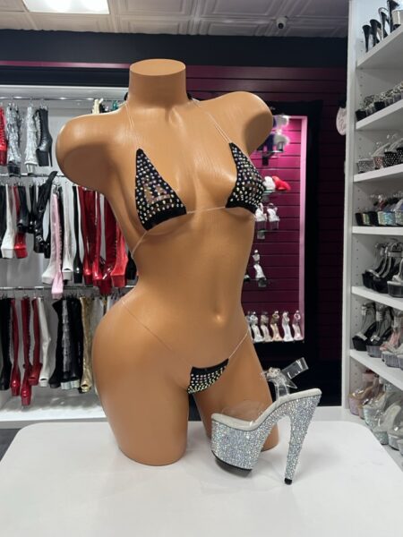 Black Mesh Crystal Bikini with sparkling crystals and clear transparent straps