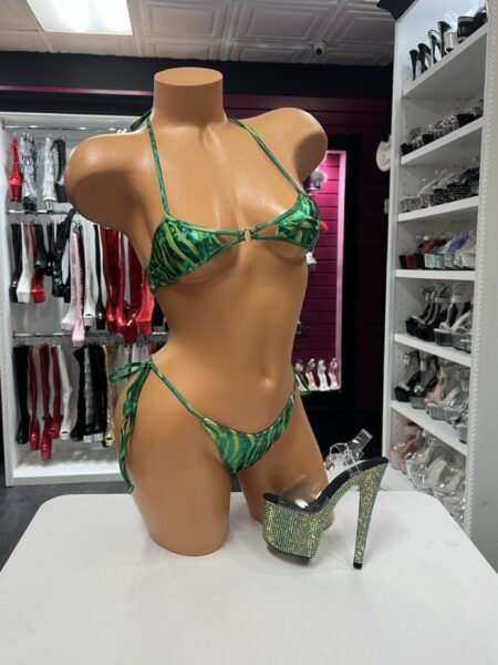 Green Holographic Zebra Bikini with ring detail top and tie-side bottom
