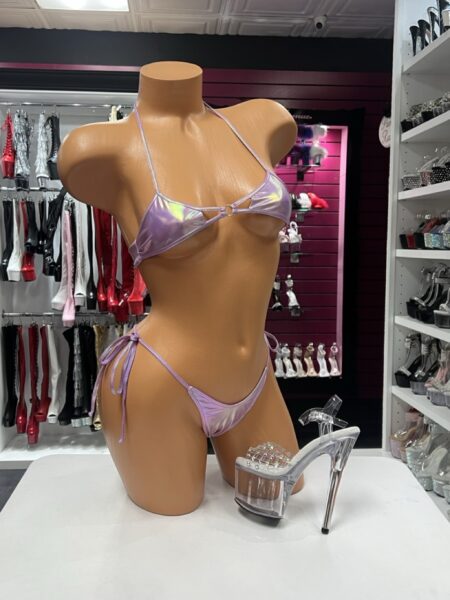 Lavender Holographic Bikini Set with ring detail top and tie-side bottom