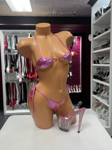 Pink Holographic Tie Bikini with open-front top and matching tie-side bottom