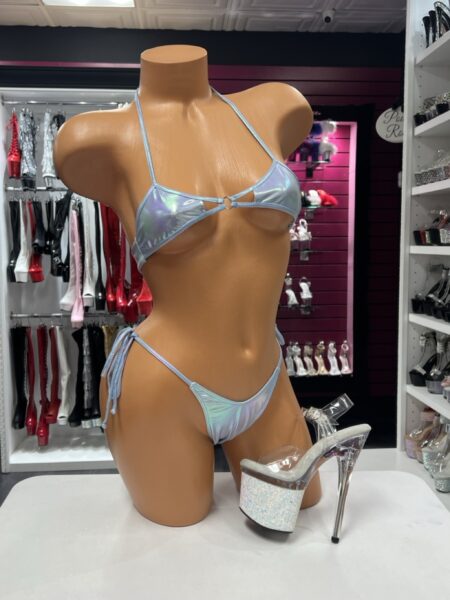 Ice Blue Holographic Bikini with open front top and tie-side bottom