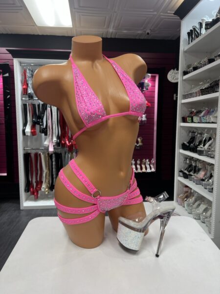 Hot Pink Crystal Set with crystal halter top and multi-strap bottom