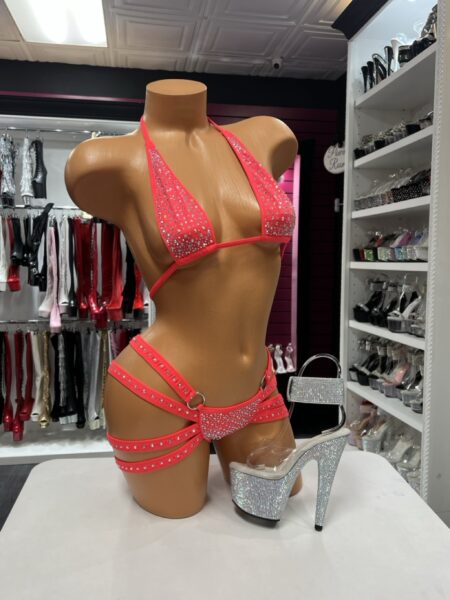 Hot Coral Crystal Set with crystal halter top and multi-strap bottom