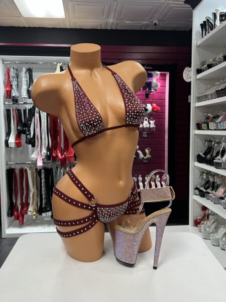 Burgundy Multi Strap Bikini with embellished triangle top and strappy bottom