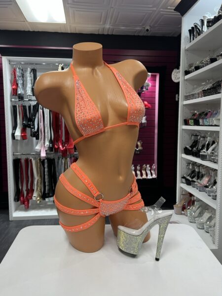 Orange Crystal Strappy Set with crystal plunge top and multi-strap bottom