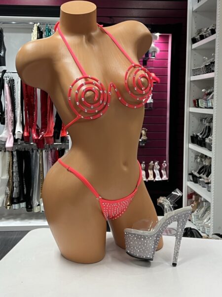 Coral Crystal Spiral Bikini with open swirl top and crystal micro bottom