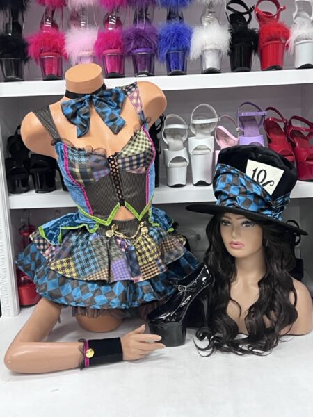 Darling Mad Hatter Costume five piece blue multicolor outfit with skirt and hat