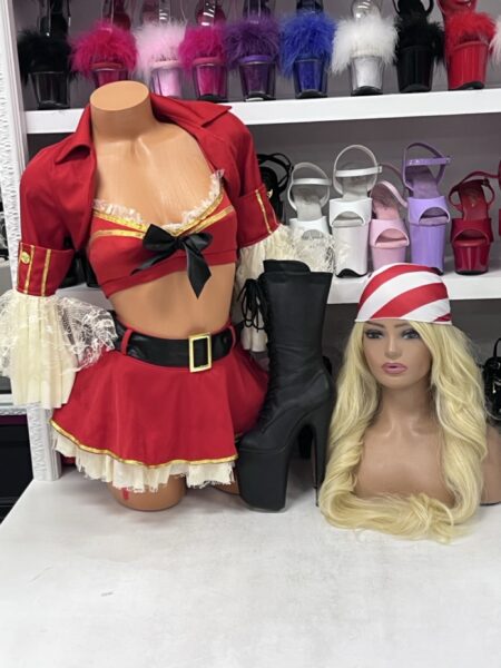 Sexy Wench Costume five piece red pirate outfit with garter skirt and jacket