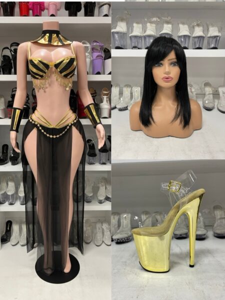 Black and gold Cleopatra costume with sheer skirt necklace and wrist cuffs