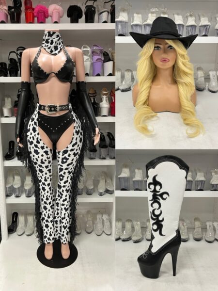 Western cowgirl costume with spotted fringe chaps, gloves and bandana