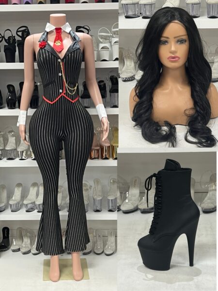 Sexy Mob Boss Babe black pinstripe jumpsuit costume