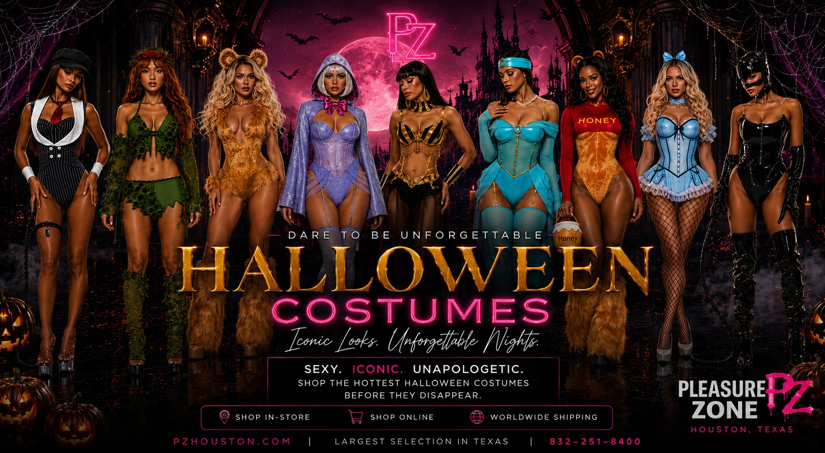Pleasure Zone Halloween costumes 2026 — nine iconic looks. Shop in-store in Houston or online, worldwide shipping.