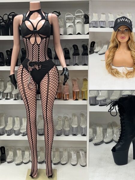 Hot SWAT Costume Set with black fishnet body stocking and accessories
