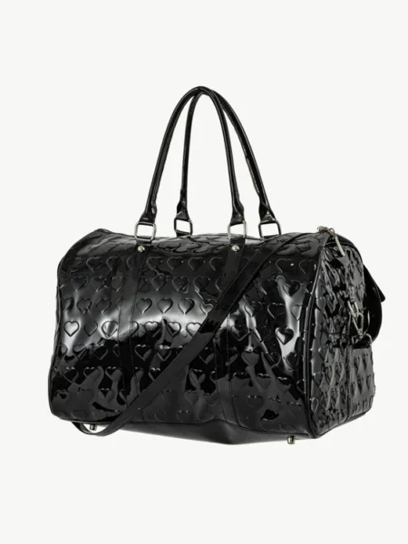 Black Heart Weekender Bag with glossy patent finish, embossed heart pattern, dual carrying handles, and zippered top.