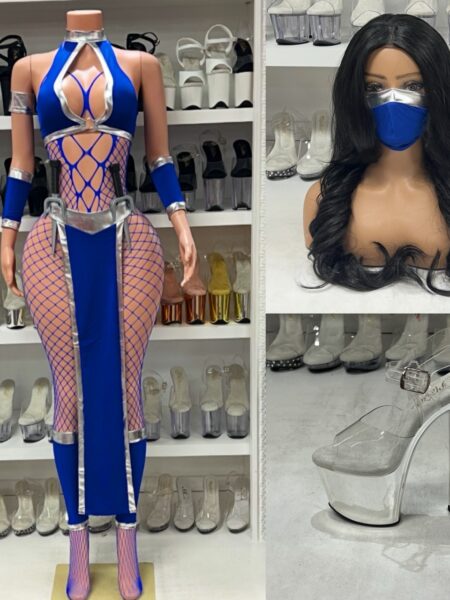 Blue Ninja Costume Set with fishnet bodystocking and silver trim