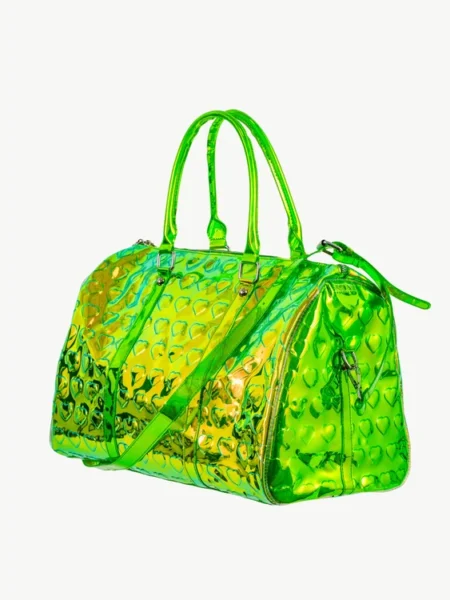 Green Holographic Heart Weekender with reflective finish, embossed heart pattern, dual handles, and removable shoulder strap.