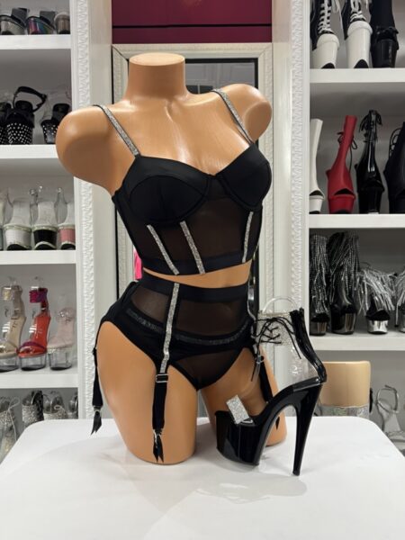 Black Rhinestone Garter Set with sheer mesh panels, underwire crop top, rhinestone trim, adjustable garter straps, and matching thong.