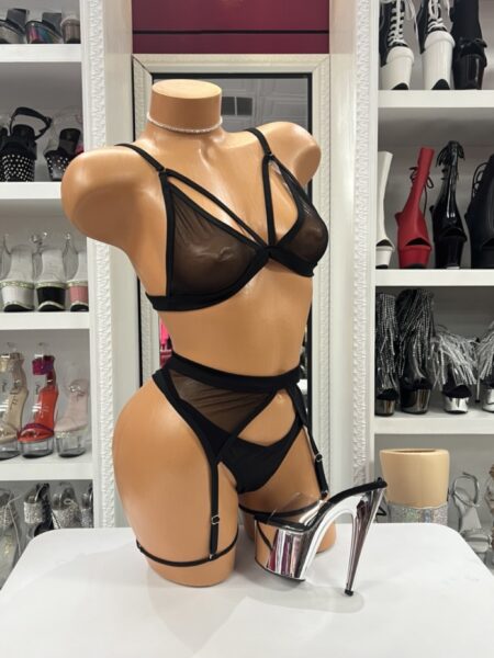 Black Mesh Garter Set featuring a sheer strappy bralette, matching thong, adjustable garter belt, and coordinating leg straps.