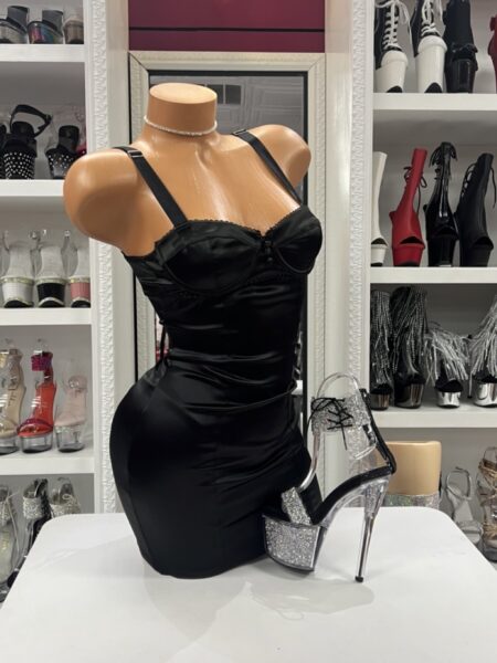 Black Satin Mini Dress featuring supportive underwire cups, adjustable straps, and a fitted satin silhouette.