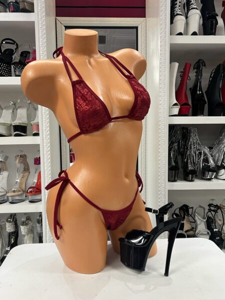 Burgundy Lace String Bikini with triangle top and tie-side thong