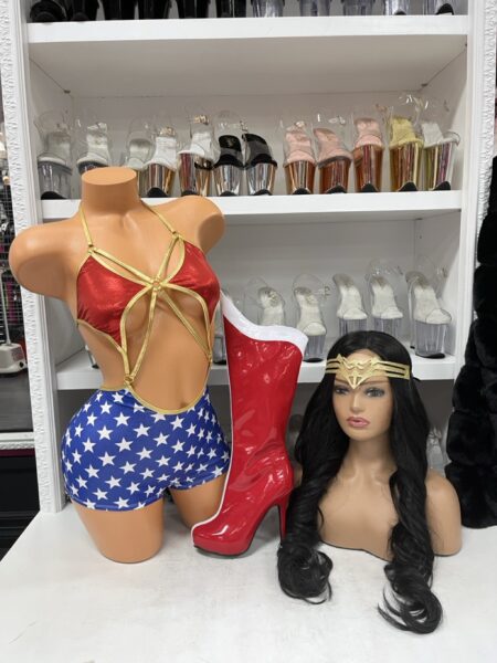 Justice Served Hero Costume with star print bodysuit and gold headpiece