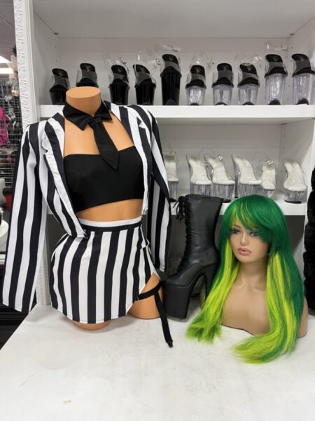 Haunting Phantom Costume Set with black and white striped coat, side-slit mini skirt, black tube top, tie, and wraparound leg garter.