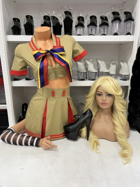 Creepy robotic doll costume with cropped school top pleated skirt and striped arm accessories
