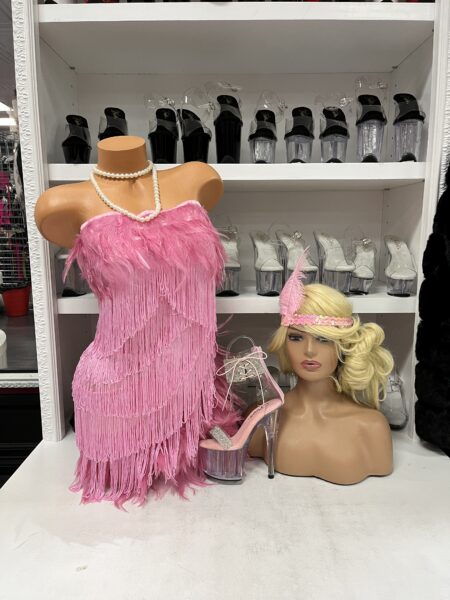 Flamingo Flapper Costume Set with pink fringe dress feather headpiece and necklace
