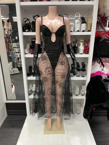 Diamond Spider Witch costume featuring a rhinestone dress with built-in romper, flowing spiderweb mesh overlay, matching gloves, and classic witch hat.