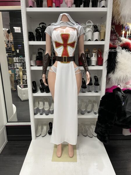 Knight Heroine Costume Set white medieval warrior outfit with hood and red cross