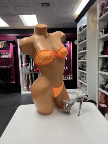 Neon Orange Rhinestone Bikini featuring a rhinestone bandeau O-ring top and matching thong bottom.