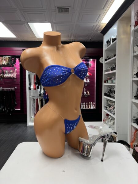 Royal Blue Rhinestone Bikini with bandeau O-ring top and rhinestone embellished thong bottom.