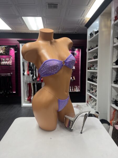 Violet Rhinestone Bikini with bandeau O-ring top and rhinestone embellished thong bottom.