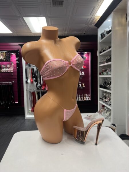 Blush Rhinestone Bikini with bandeau O-ring top and rhinestone embellished thong bottom.