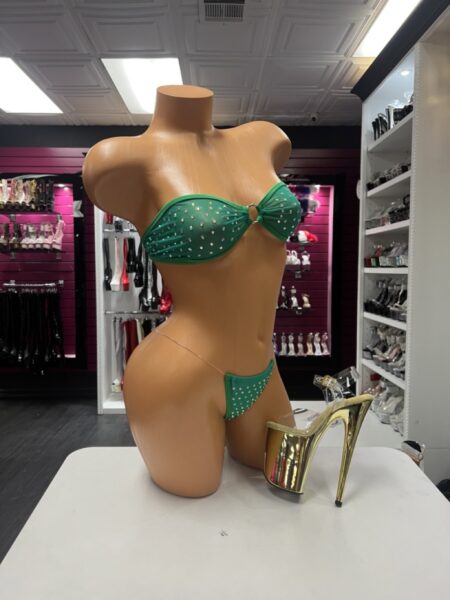 Emerald Rhinestone Bikini with bandeau O-ring top and rhinestone embellished thong bottom.