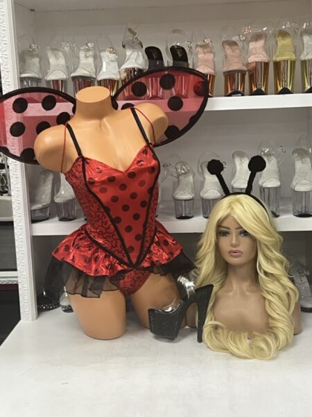 Ladybug Babe Costume Bodysuit with red black polka dots wings and headpiece