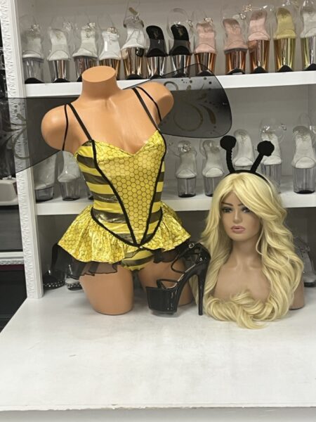 Queen Bee Costume Bodysuit with yellow honeycomb design wings and antenna headpiece