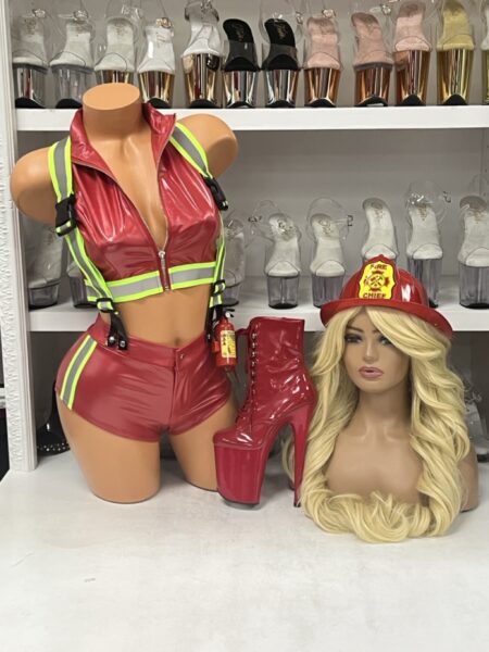 Inferno Desire Firefighter Costume red crop top shorts helmet and mini extinguisher