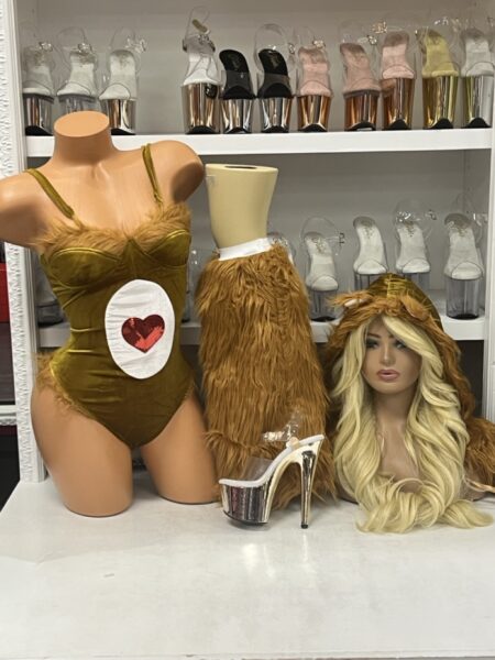 Tender Bear Tease Costume with furry hood bodysuit and leg warmers