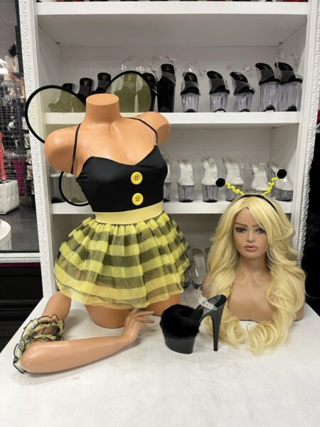 Buzzing Bumblebee Halloween Costume five-piece yellow and black bee outfit with mesh skirt, puff sleeves, antenna headband, and wings.