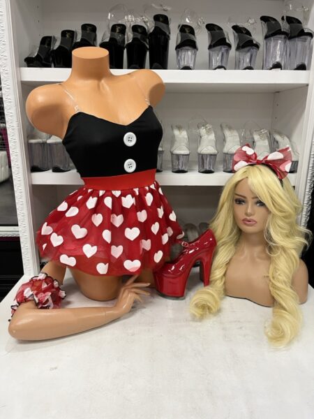 Sultry Sweetheart Mouse Costume four-piece Halloween outfit featuring a black bodysuit, red heart-print ruffle skirt, matching puff sleeves, and bow headband.