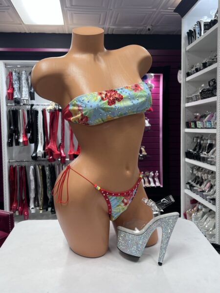 Tropical Crystal Bandeau Bikini with colorful floral print and string bottom